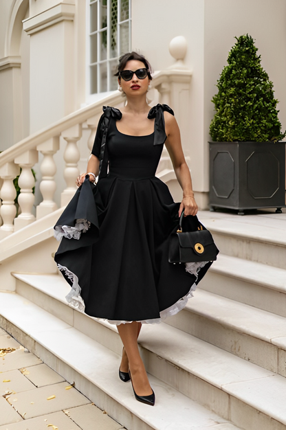 Bow Frill Black Midi Dress