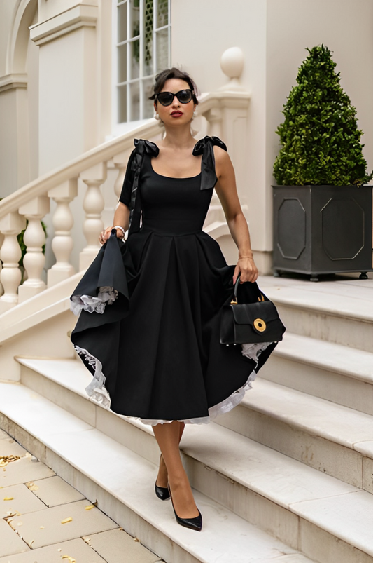 Bow Frill Black Midi Dress
