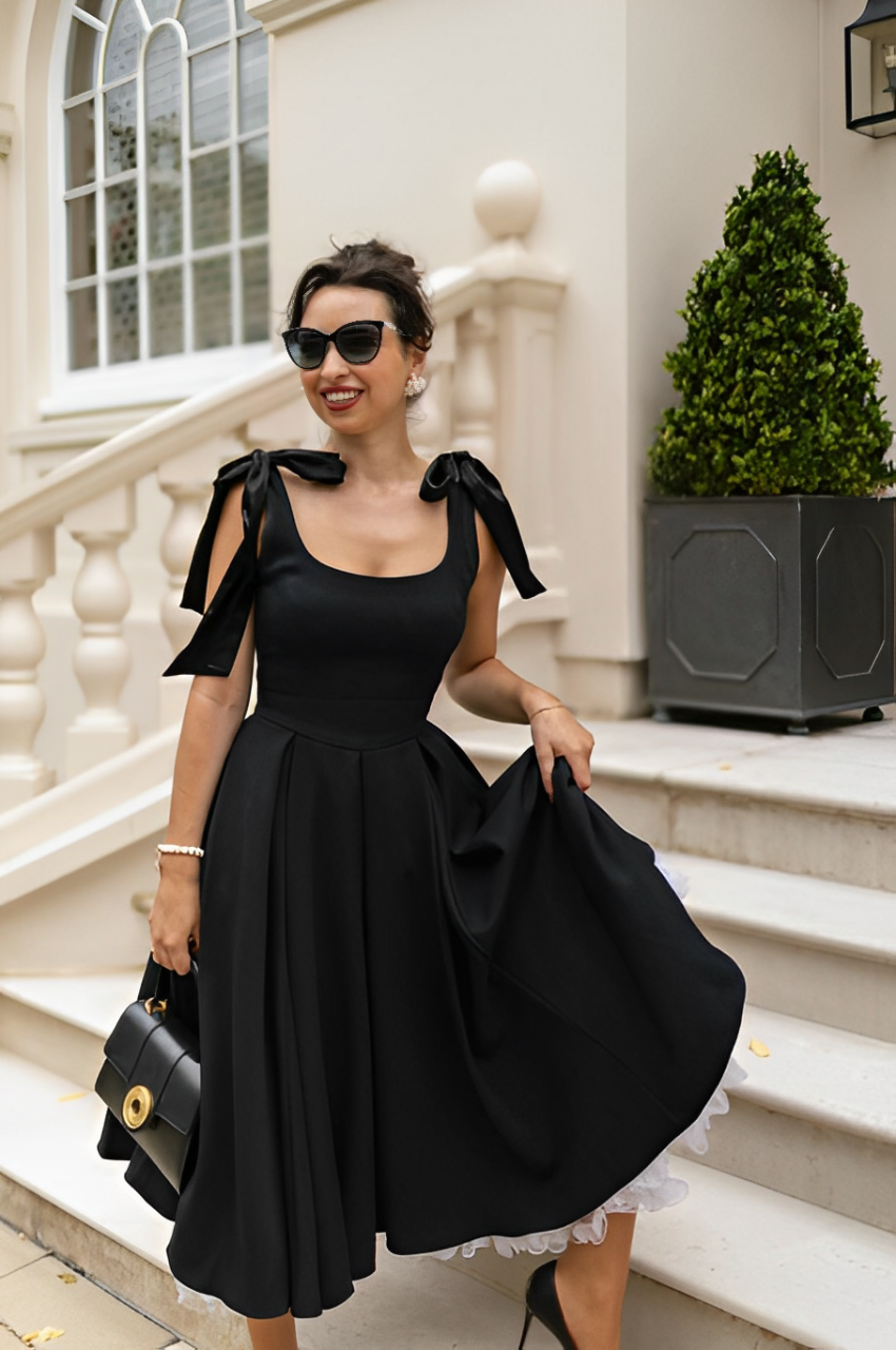 Bow Frill Black Midi Dress