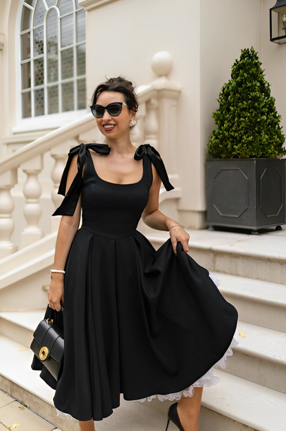 Bow Frill Black Midi Dress