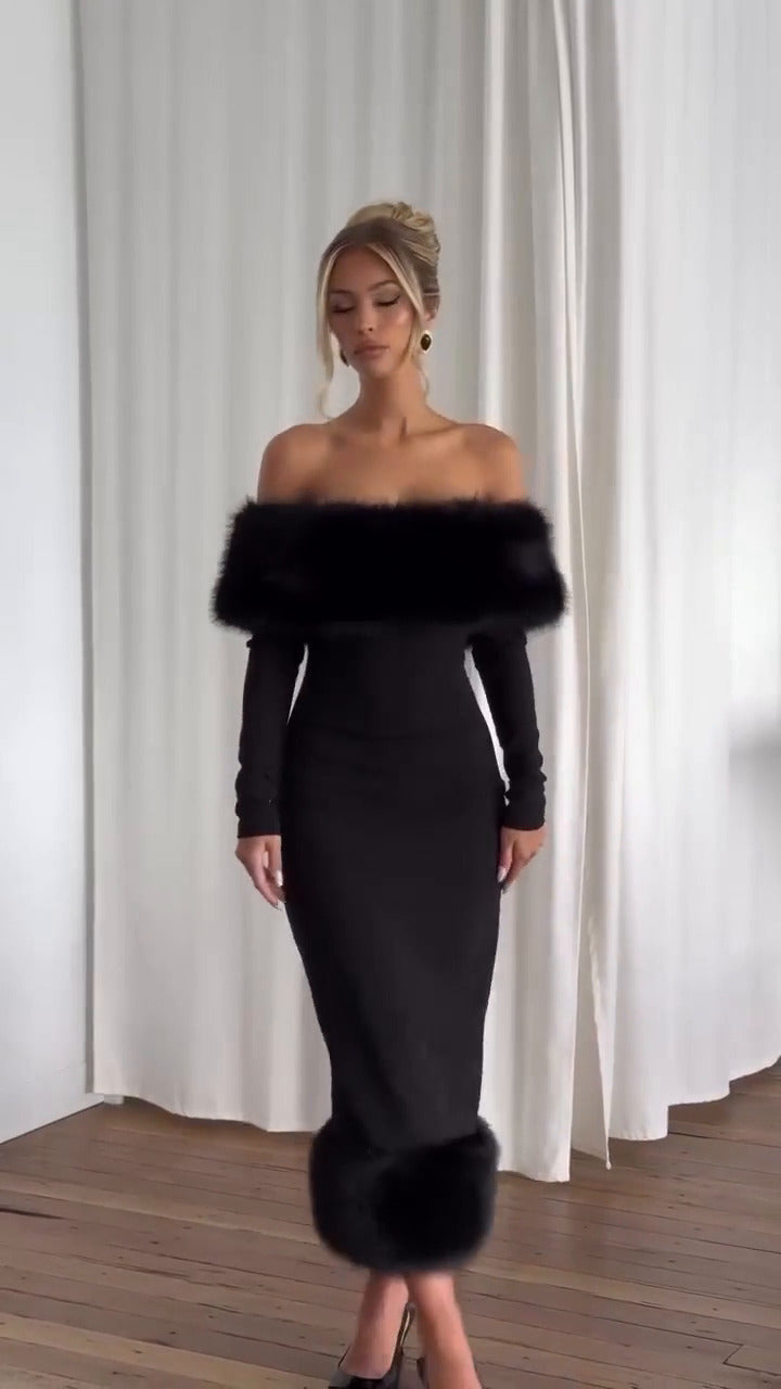 Clog Black Midi Fur Dress