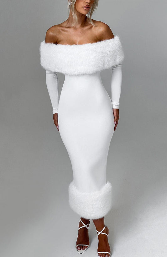 Clog White Midi Fur Dress